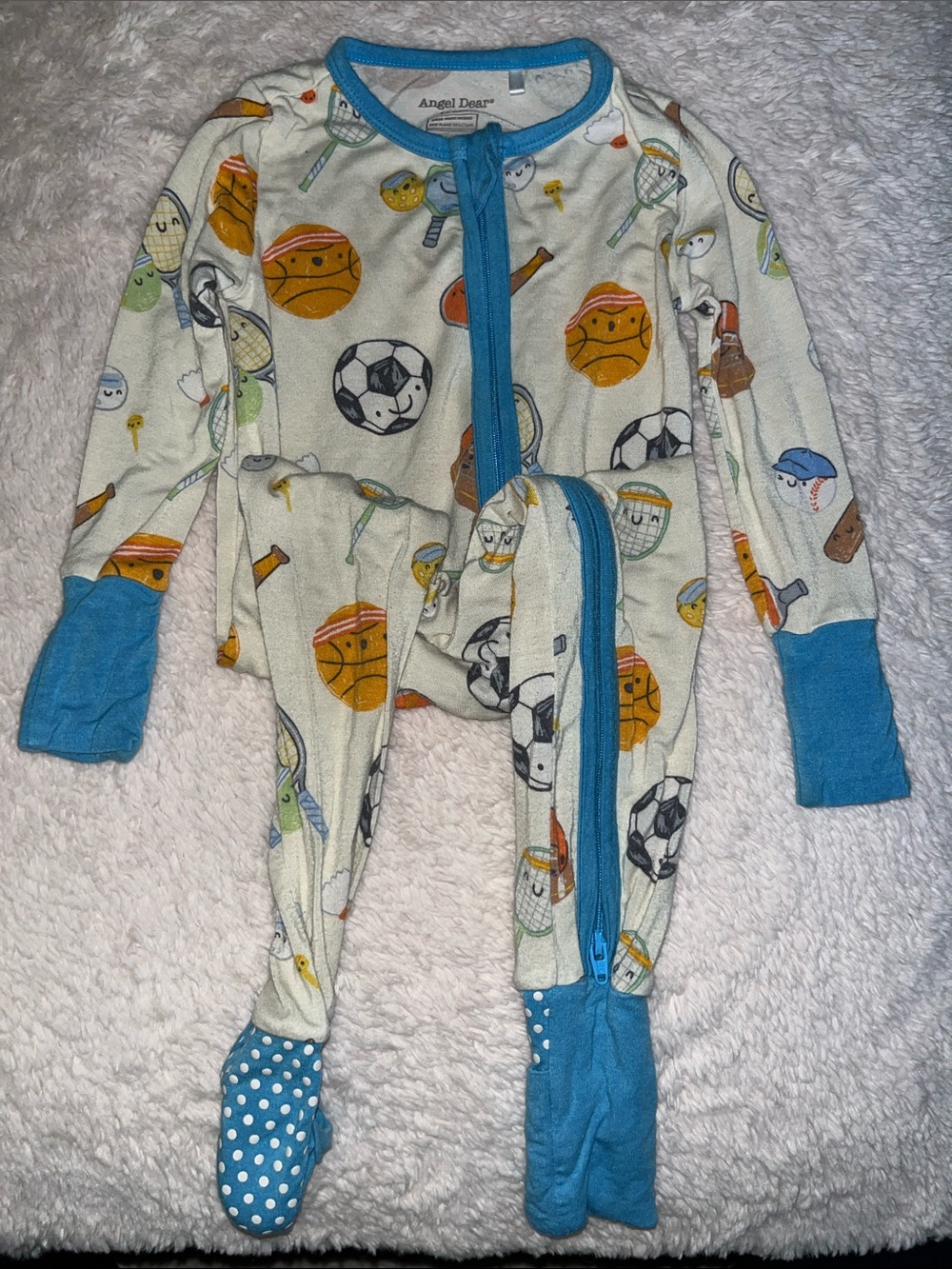 Angel Dear Cream Sports Print Footed One-Piece with Blue Trim